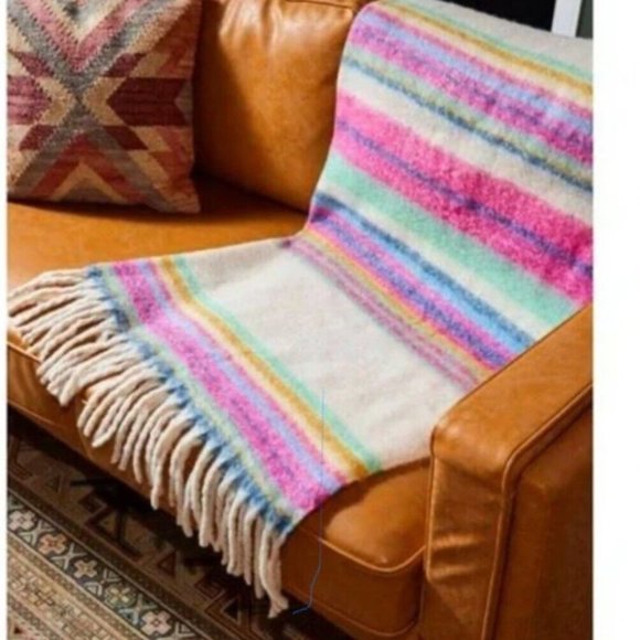 Free People Skye Stripe Fringe Throw Blanket Ivory - Picture 1 of 8